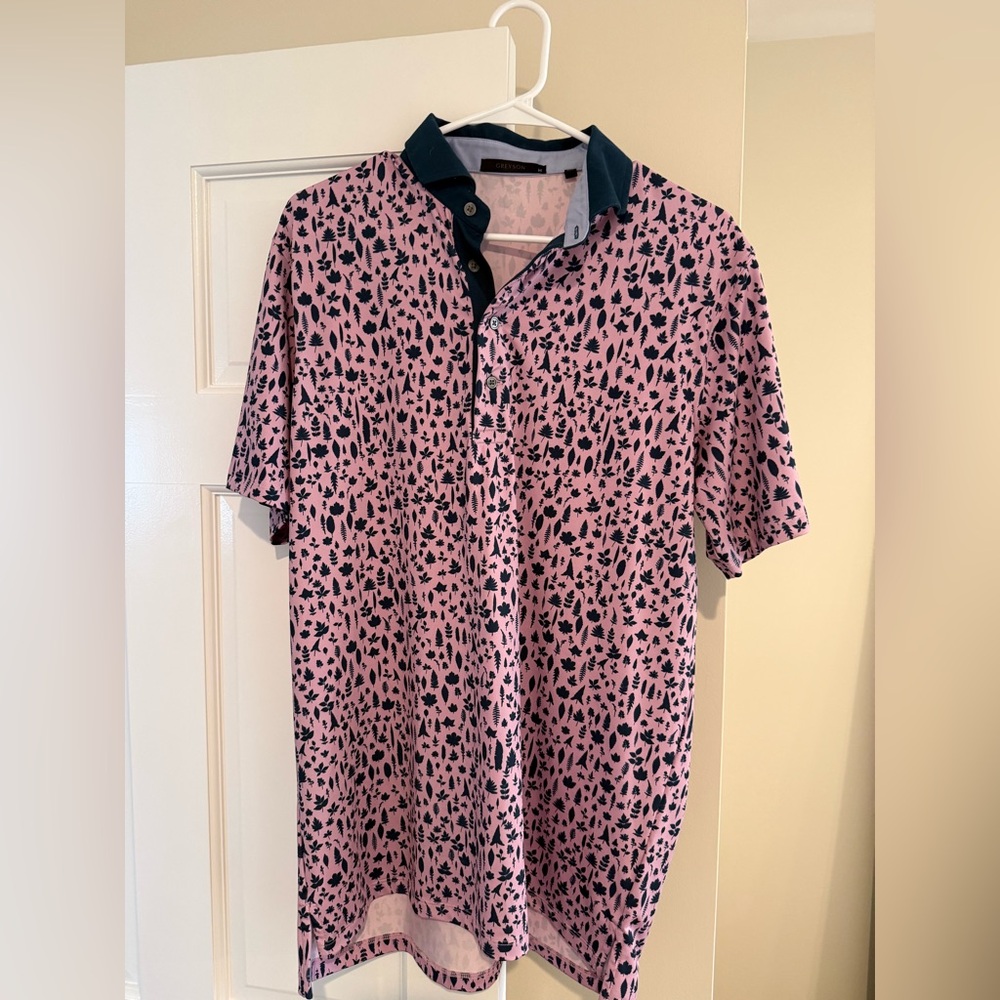 Greyson Pink Polo with Navy Leaf Motif